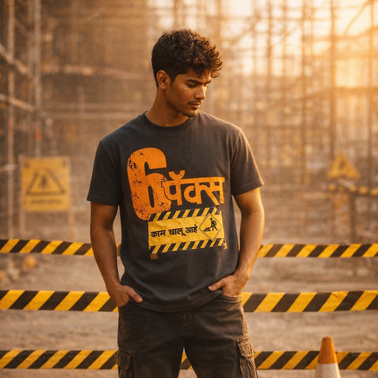 6 पॅक्स काम चालू आहे Marathi Oversized T-Shirt