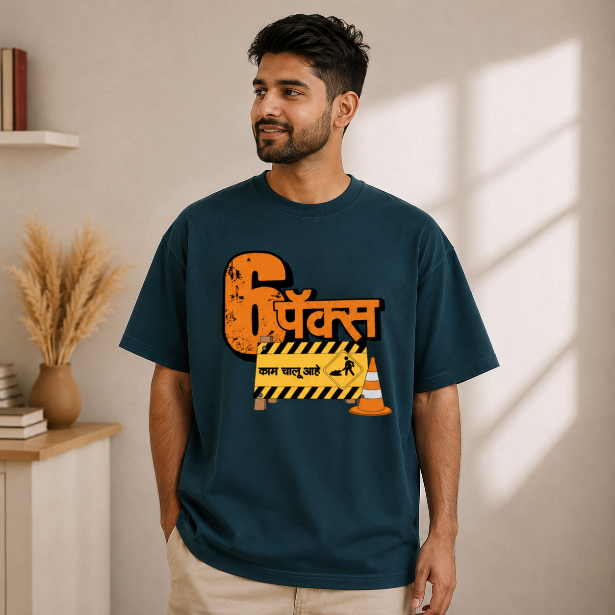 6 पॅक्स काम चालू आहे Marathi Oversized T-Shirt